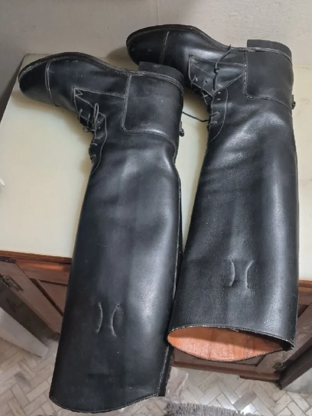 Tall Black Leather Lace-Up Riding Boots